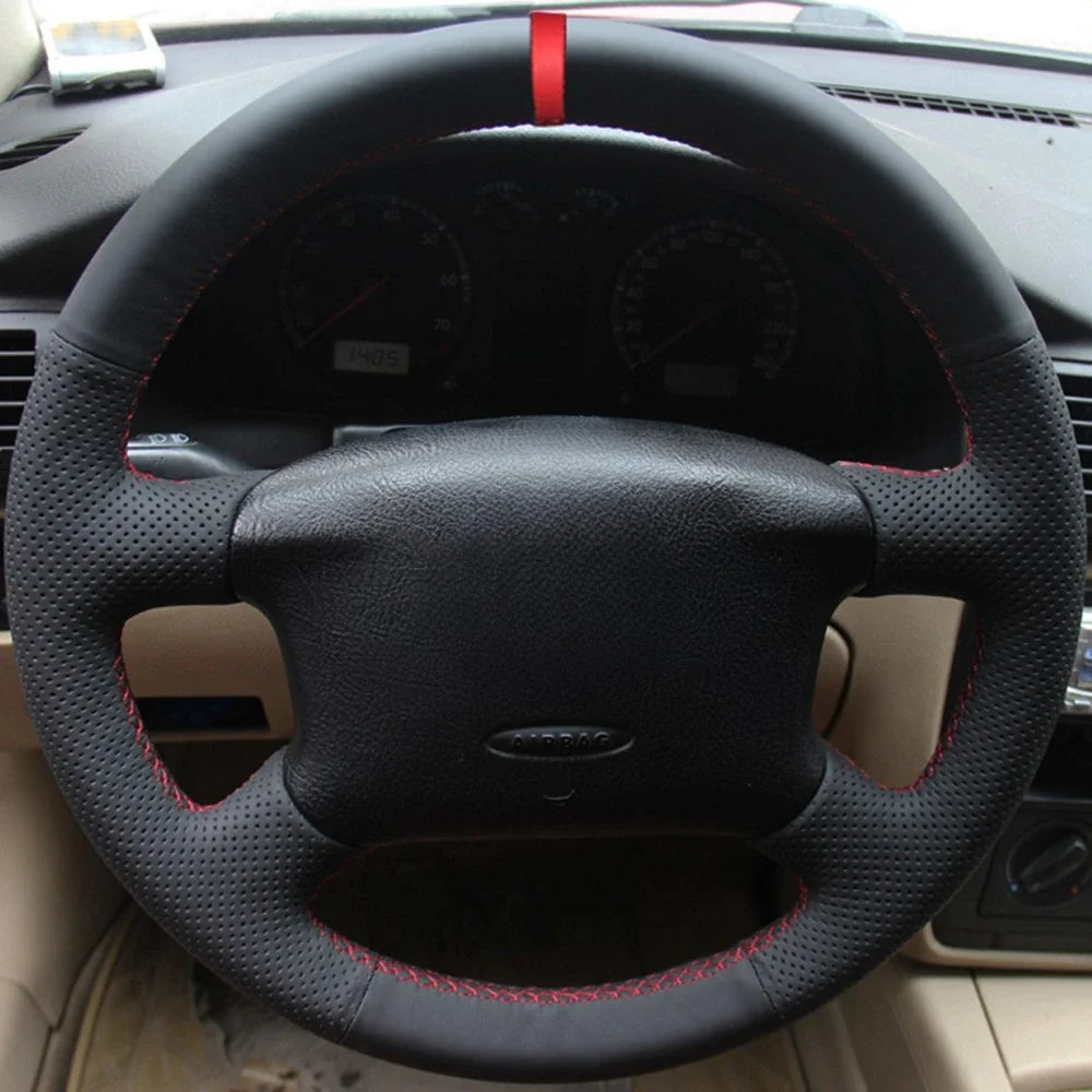 Car Steering Wheel Cover - Artificial Leather with Red Marker for Volkswagen VW Passat B5 (1996-2005), Golf 4 (1998-2004), Seat Alhambra