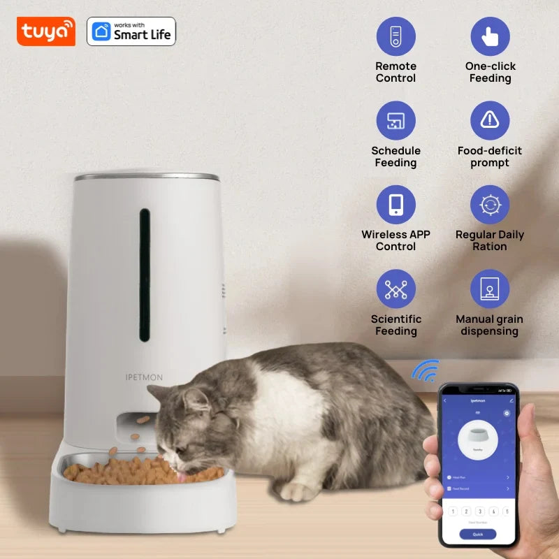 Wi-Fi Enabled 4L Pet Feeder for Cats and Dogs - APP Control, Stainless Steel Bowls, Low Food Alarm - Compatible with IPETMON, Tuya, and Smart Life App