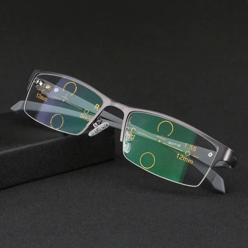 Progressive Multifocal Photochromic Reading Glasses – Anti-Blue Light Half Frame for Men with Presbyopia & Far Sight Protection