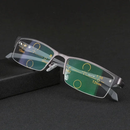 Progressive Multifocal Photochromic Reading Glasses – Anti-Blue Light Half Frame for Men with Presbyopia & Far Sight Protection