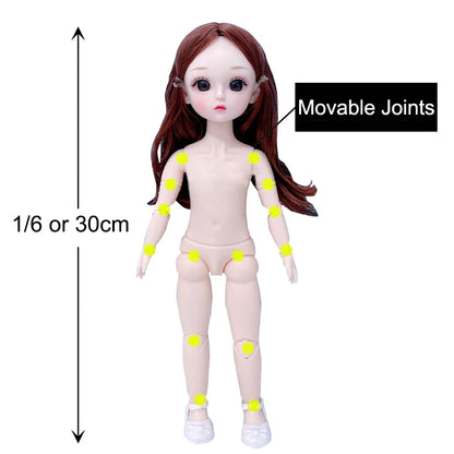BJD 30cm Nude Doll – 1/6 Haploid Figure with Removable Joints & 3D Colorful Eyes, Birthday Gift for Girls
