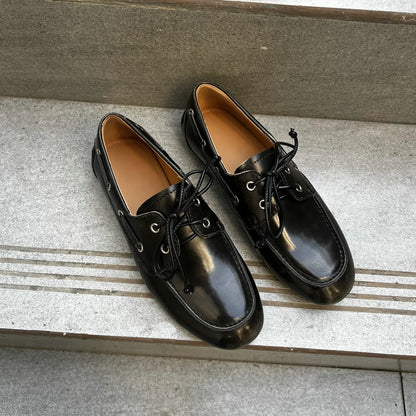 QUTAA 2025 Women’s Fashion Flats — Cow Leather Spring Ballet Loafers, Lace-Up Round Toe Casual Shoes, Sizes 34-41