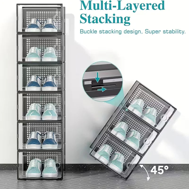 6/12/24PCS Transparent Shoe Boxes – Foldable, Stackable Plastic Shoe Storage Rack with Thick Tape Cover, Space-Saving Organizer