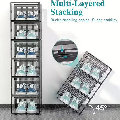 6/12/24PCS Transparent Shoe Boxes – Foldable, Stackable Plastic Shoe Storage Rack with Thick Tape Cover, Space-Saving Organizer