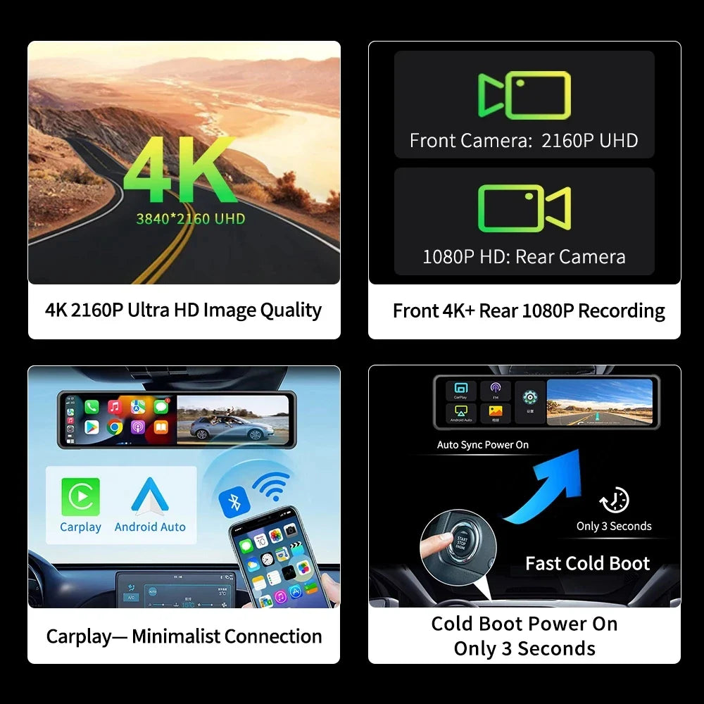 4K Dash Cam Car Mirror – 3840x2160P Video Recording, Wireless CarPlay & Android Auto, 5G WiFi, GPS Navigation