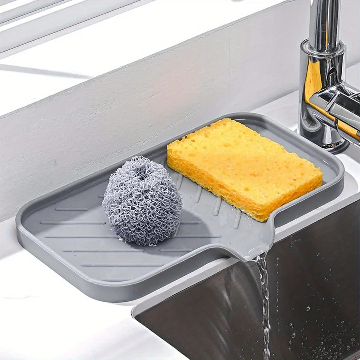 Sink Silicone Tray with Drain – Soap & Sponge Holder, Countertop Scrubber Brush Storage Rack, Kitchen Organizer