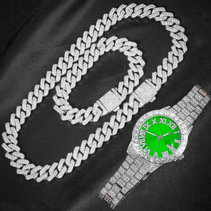 3pcs Men’s Cuban Chain Watch & Jewelry Set – Hip Hop Miami Curb Iced Out Rhinestone Necklace, Suit Watch & Bracelet