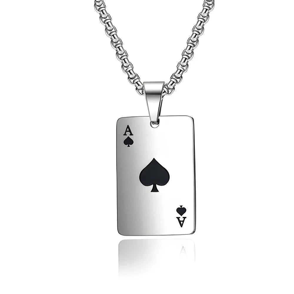 Hip Hop Poker Card Necklace – Stainless Steel Ace of Spades & Hearts Pendant Chain for Men