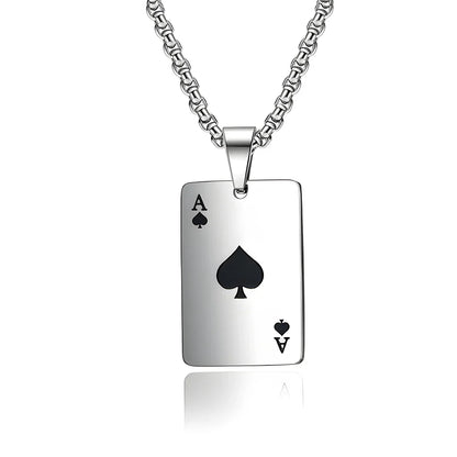 Hip Hop Poker Card Necklace – Stainless Steel Ace of Spades & Hearts Pendant Chain for Men