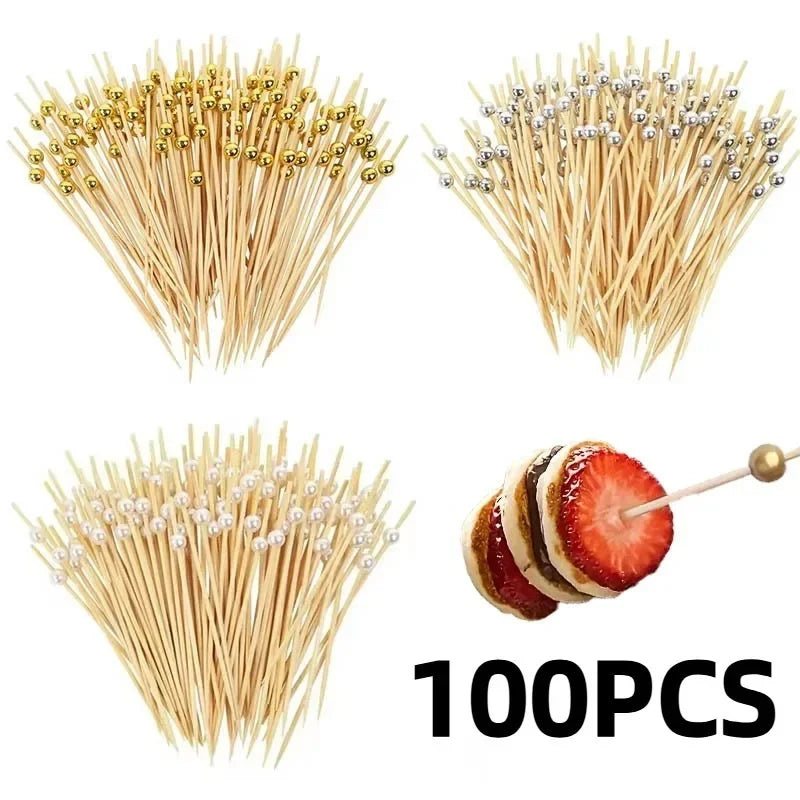 100PCS Gold, Silver & White Pearl Bamboo Skewers – Fruit, Dessert, Cocktail, Party, and Buffet Toothpicks