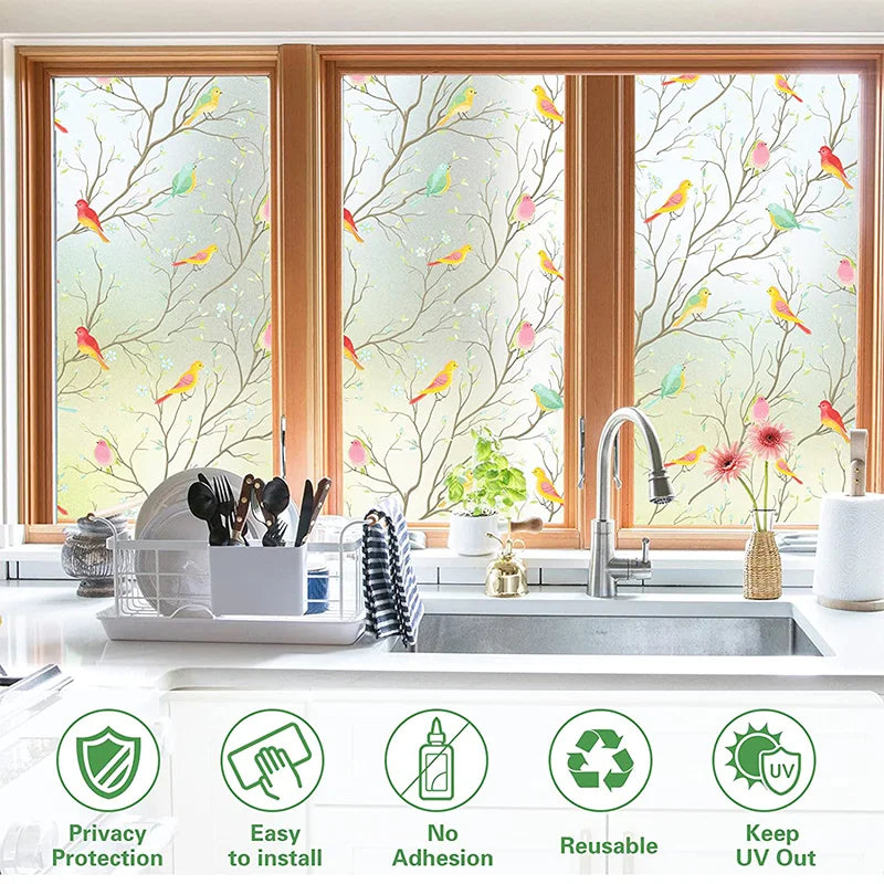 Non-Adhesive Static Cling Stained Glass Window Privacy Film - Sun Blocking, Heat Control Decorative Film