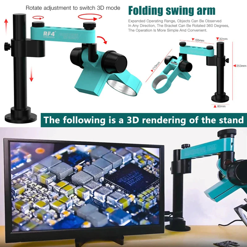 RF4 Trinocular Stereo Microscope Set – 360° Rotation Articulating Arm Stand, Phone Soldering & PCB Repair, Model RF7050TVPRO-F019