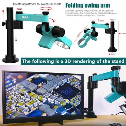 RF4 Trinocular Stereo Microscope Set – 360° Rotation Articulating Arm Stand, Phone Soldering & PCB Repair, Model RF7050TVPRO-F019