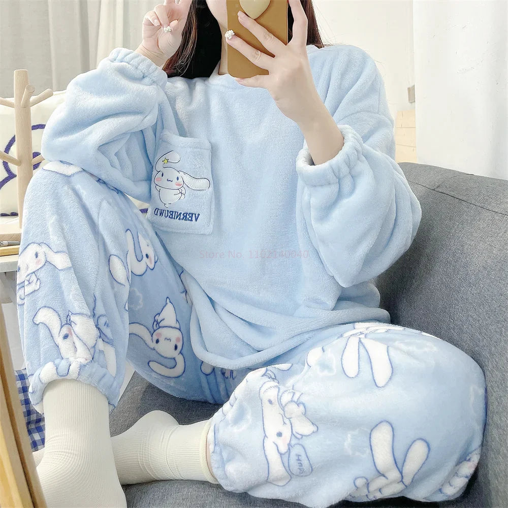 Sanrio Anime Cinnamoroll Pajamas, Kawaii Kuromi and My Melody Flannel Pullover, Coral Velvet Winter Warm Pajamas, Homewear for Girls Gifts