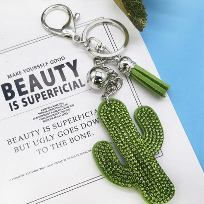 Unisex Cute Cactus Keychain Pendant – Solid Color Kawaii Plant Bag Charm with Fringe, Funny Fashion Accessory for Women & Girls