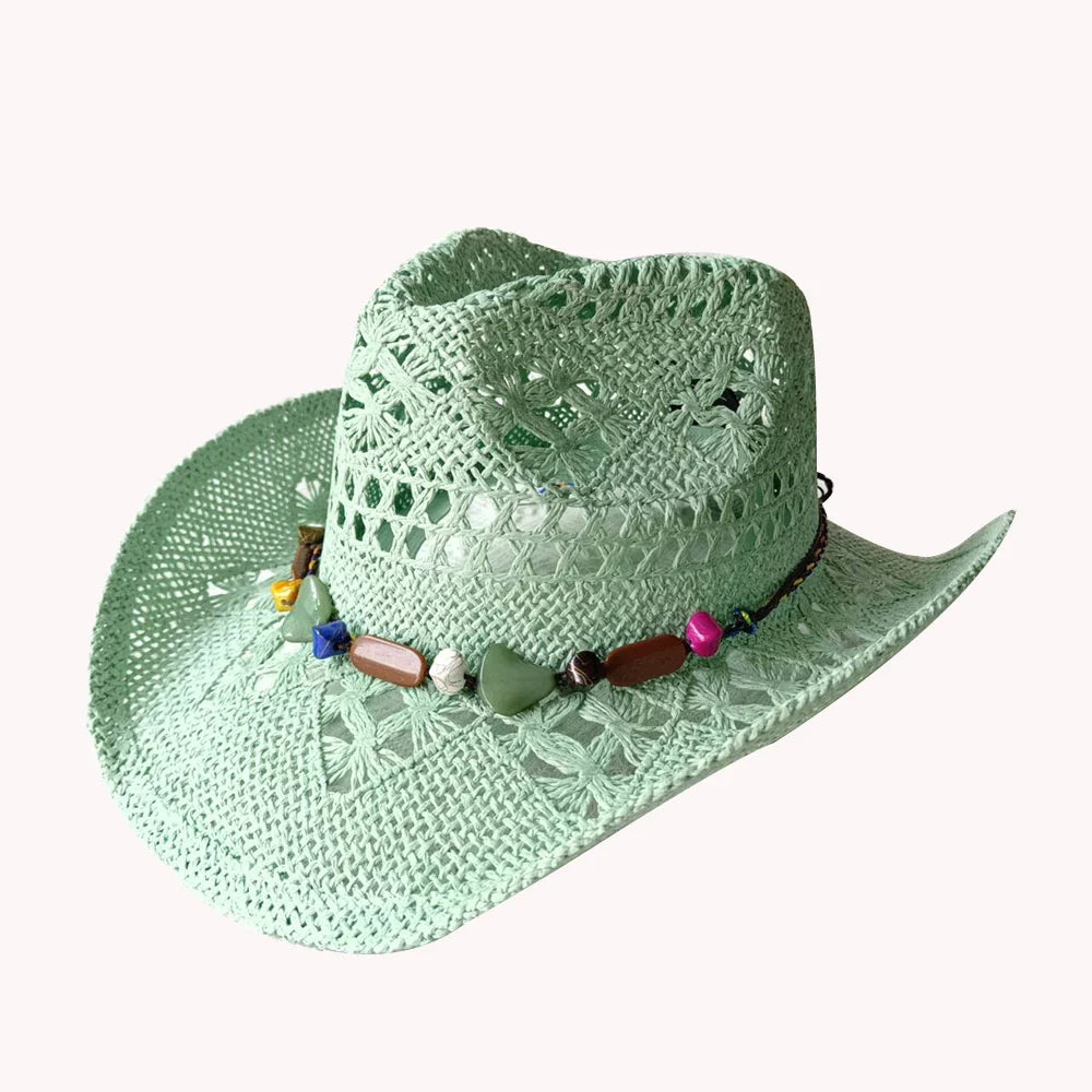 Melesh Western Women's Mint Green Cowboy Hat – Straw, Wide Brim, Plasticity Strong for Sunshine & Beach Wear