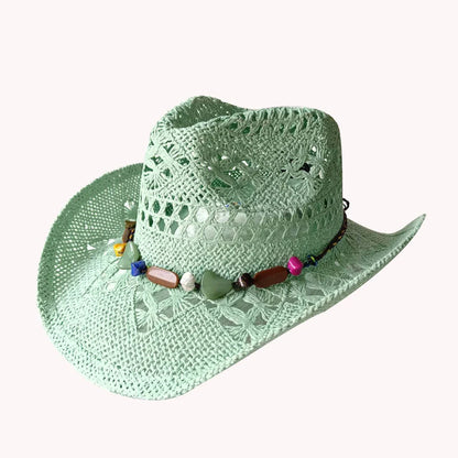Melesh Western Women's Mint Green Cowboy Hat – Straw, Wide Brim, Plasticity Strong for Sunshine & Beach Wear