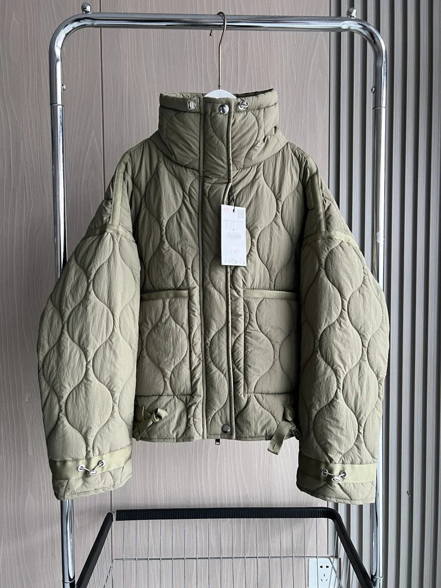 2024 ETJ Quilted Women's Coat – Beige Drawstring High Neck Jacket with Ties & Pockets