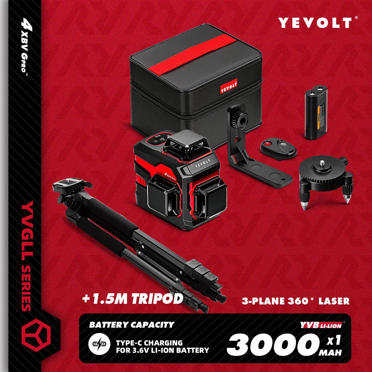 YEVOLT YVGLL4XS12 12-Line Green Laser Level – ±0.2mm/m Precision, IP54 Waterproof, Auto-Leveling with Slope Mode