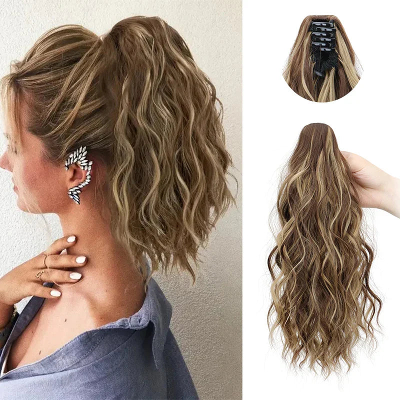 Synthetic Short Curly Water Wave Claw Clip-In Ponytail – Black & Blonde Hair Extension for Women Fashion Accessories