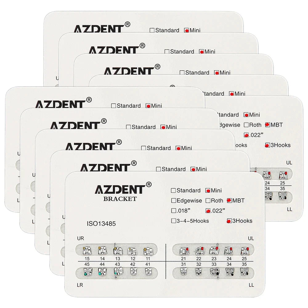 AZDENT 10 Packs Dental Brackets – Orthodontic Metal Mini Standard Roth MBT Slot 0.022/0.018 with Hooks, 20 Pcs per Pack
