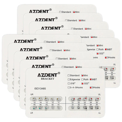 AZDENT 10 Packs Dental Brackets – Orthodontic Metal Mini Standard Roth MBT Slot 0.022/0.018 with Hooks, 20 Pcs per Pack