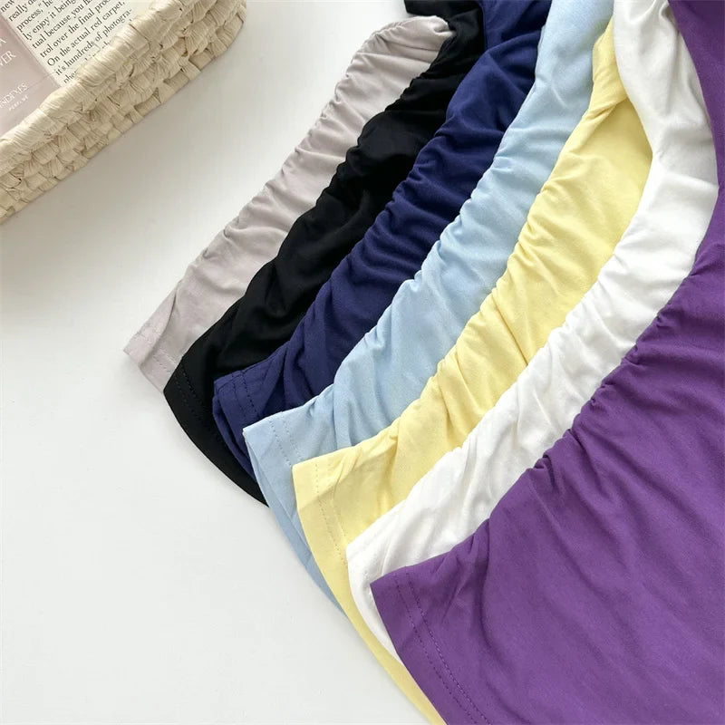 Women’s High Stretch Slash Neck Top - Slim Fit Flare Sleeve Pleated Summer Solid Color T-Shirt