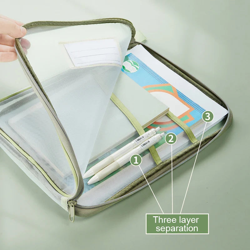 A4 Double-Layer Mesh Zipper Bag – Large Capacity Stationery Storage Organizer for School and Office Supplies