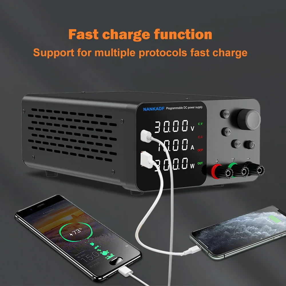 30V 10A Adjustable DC Lab Power Supply – 4-Digit LED Display, USB-A/Type-C 5V/3.6A Fast Charge with Encoder Control
