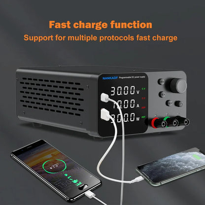 30V 10A Adjustable DC Lab Power Supply – 4-Digit LED Display, USB-A/Type-C 5V/3.6A Fast Charge with Encoder Control