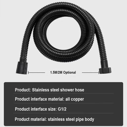 Flexible Shower Hose 1.5/2M — Black/Silver Stainless Steel Bathroom Extension Pipe and Accessories