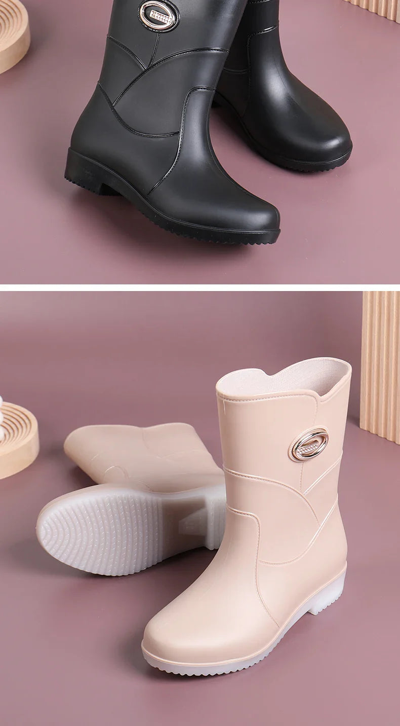 Women’s Fashion Mid-Tube Rain Boots – Wear-Resistant, Waterproof Rubber Shoes with Thick Sole, Non-Slip & Cotton Lining