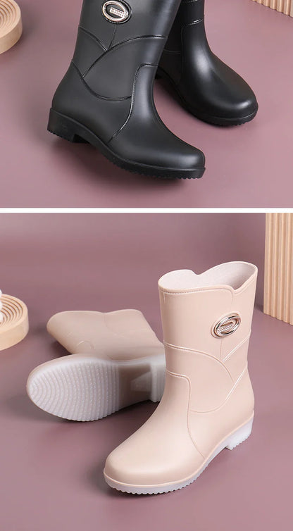 Women’s Fashion Mid-Tube Rain Boots – Wear-Resistant, Waterproof Rubber Shoes with Thick Sole, Non-Slip & Cotton Lining
