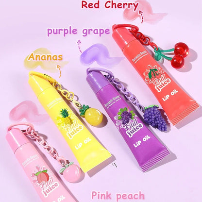 Women’s Fruit Flavor Lip Oil with Keychain – Moisturizing Nourishing Portable Lip Gloss Lip Glaze