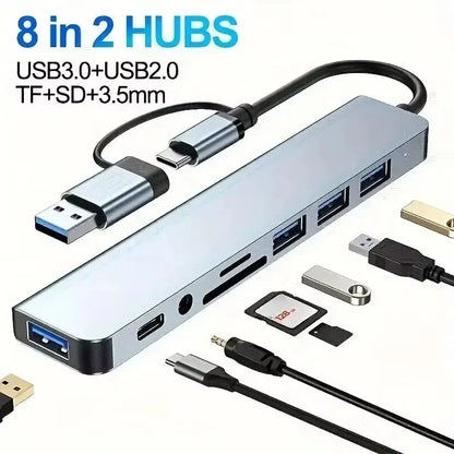 8-in-1 USB Type-C Hub Adapter – 4K HDMI, SD/TF Card Reader, RJ45, PD Fast Charging for MacBook & Notebook