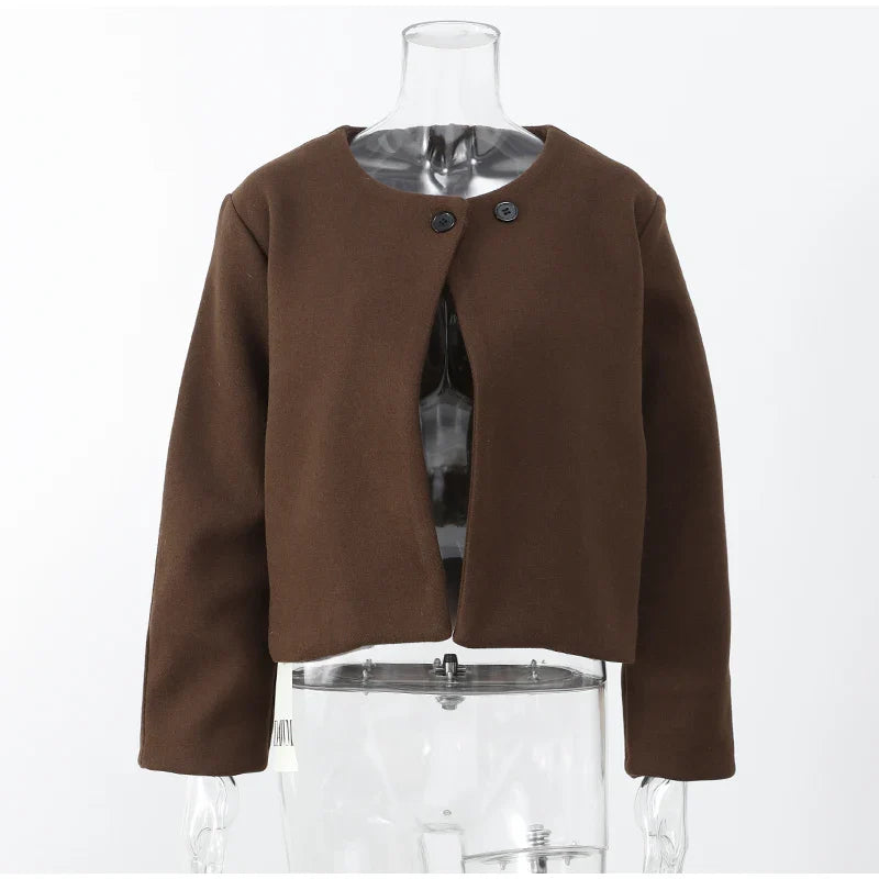 2024 Women's Elegant Solid Wool Blend Cardigan Coat – Round Neck, Single Button, Long Sleeve High Street Outwear