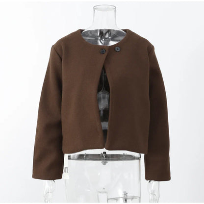 2024 Women's Elegant Solid Wool Blend Cardigan Coat – Round Neck, Single Button, Long Sleeve High Street Outwear