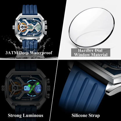 POEDAGAR Men's Luxury LED Wristwatch – Electronic Quartz Watch with Calendar, Week Display, Luminous Hands, and Silicone Strap