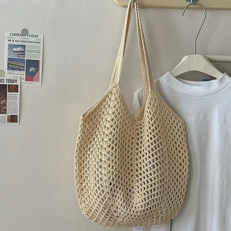 Women’s Large Cotton Woven Shoulder Bag – Handmade Casual Straw Beach Tote & Messenger Bag