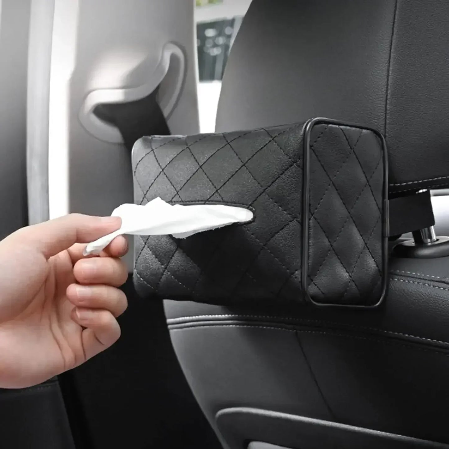 Checkered Leather Car Tissue Box – Solid Color, Wear-Resistant Sunshade Hanging Bag with Buckle Strap, Easy Installation