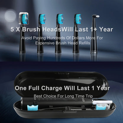 Seago SG-575 Sonic Electric Toothbrush – USB Rechargeable Adult Toothbrush with 4 Replacement Heads, Travel Case & 360-Day Battery Life, IPX7 Waterproof