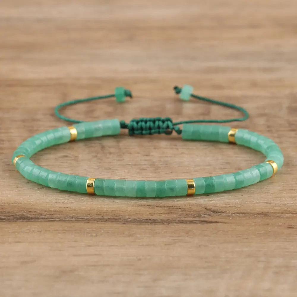 Natural Blue Emperor Stone Beaded Bracelet – Polished Block Beads, Adjustable Woven Rope Women’s Gift Jewelry