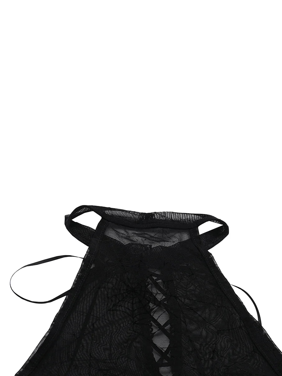 Halloween Women's Bodysuit — Long Sleeve Cold Shoulder Spider Web Romper, Sheer Clubwear Top