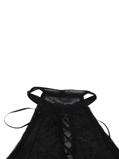 Halloween Women's Bodysuit — Long Sleeve Cold Shoulder Spider Web Romper, Sheer Clubwear Top