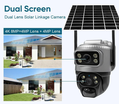 V380 Dual-Lens 4G Security Camera — 8MP 4K Solar IP Cam with PIR Motion Detection, Night Vision, Waterproof, Battery-Powered CCTV Monitor