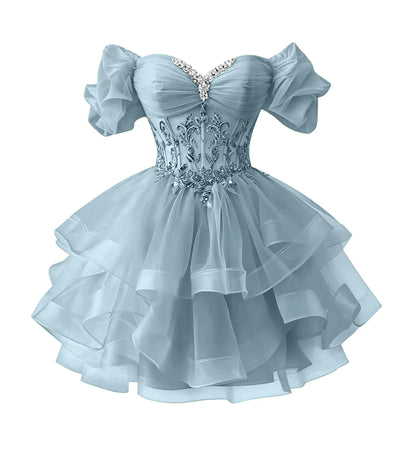 Beaded Lace Homecoming Dress - Short Tiered Tulle Sequin Prom & Quinceañera Gown