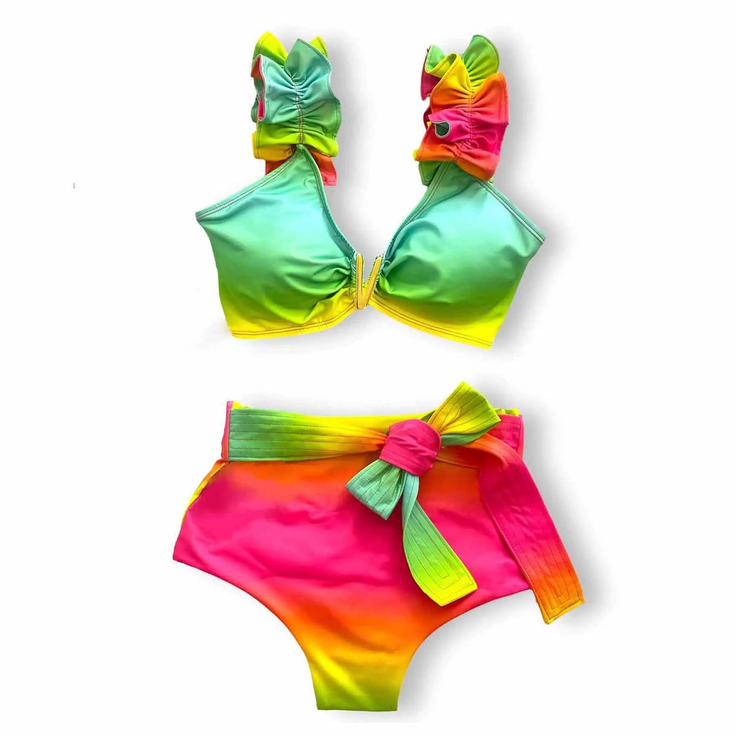 Sporlike V-Neck Ruffled Bikini Set – High Waist Sexy Printed Two-Piece Swimsuit for Women 2025
