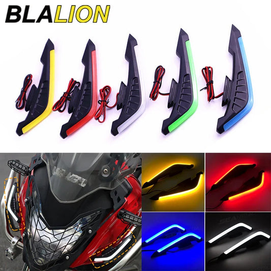 BLALION 2PCS Motorcycle Side Wing LED Lights — 12V Universal Aerodynamic Spoiler Lamps, Decoration & Modification Kit