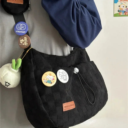 Xiuya Harajuku Style College Crossbody Bag: Solid Color Plaid Print Large Capacity Shoulder Bag, Cute Fashion Designer Handbag