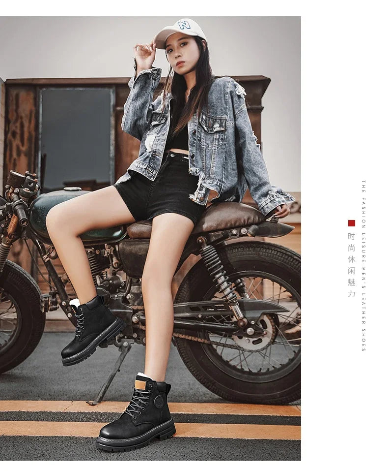 High Top Leather Boots for Men & Women – Fashion Lace-Up Outdoor Sneakers, Non-Slip Casual Ankle Shoes for Couples